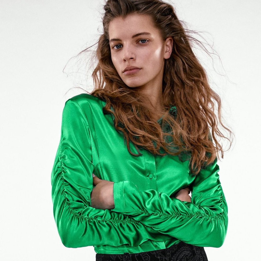 NWT ZARA Silky Satin FITTED RUCHED Sleeve BLOUSE Green Bloggers Fav